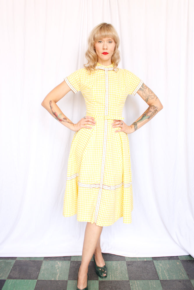 1950s Yellow Gingham Cotton Day Dress - Small