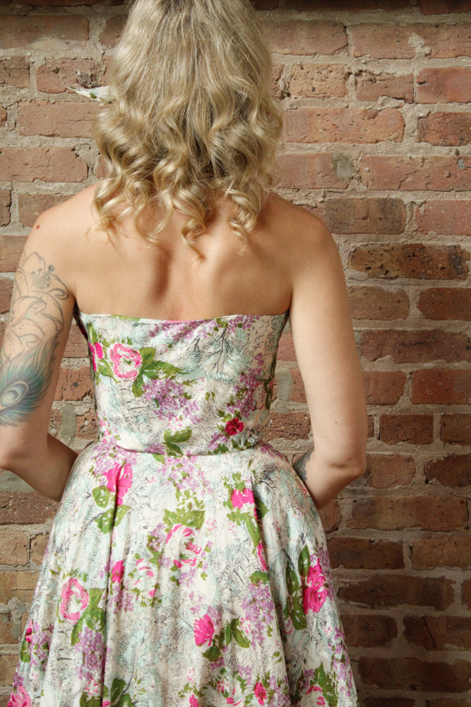 1950s Silk Floral Halter Dress & Scarf - Xsmall