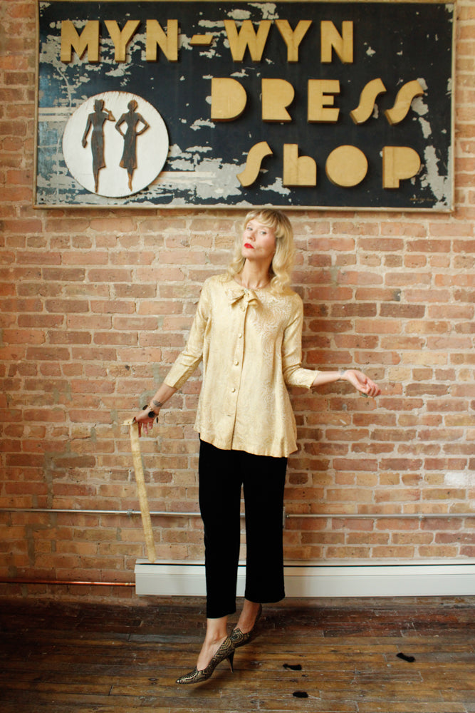 1950s Gold Brocade Swing Jacket w/Belt - Small