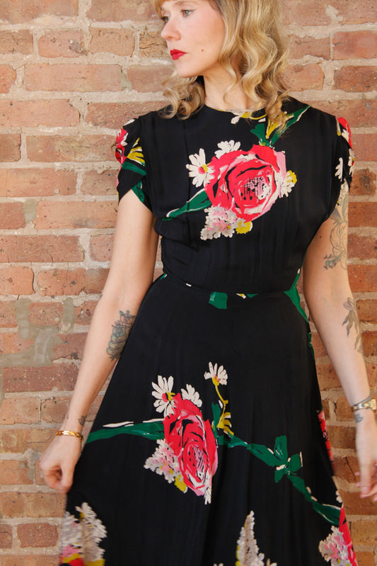 1940s Floral Rayon Dress - Small 
