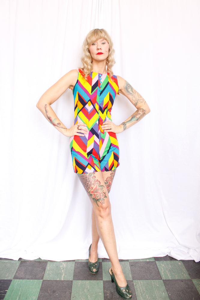 1960s Mod Colorful Cotton Twill Romper - Small