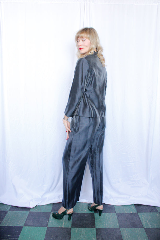 1990s Giorgio Armani Silk Gun Metal Suit - Medium