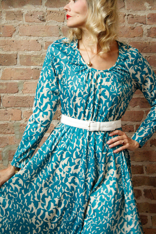 1960s Geometric Teal & White Jersey Dress - Large