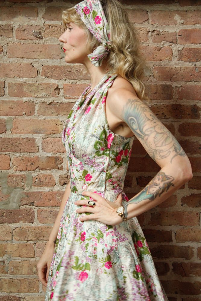 1950s Silk Floral Halter Dress & Scarf - Xsmall