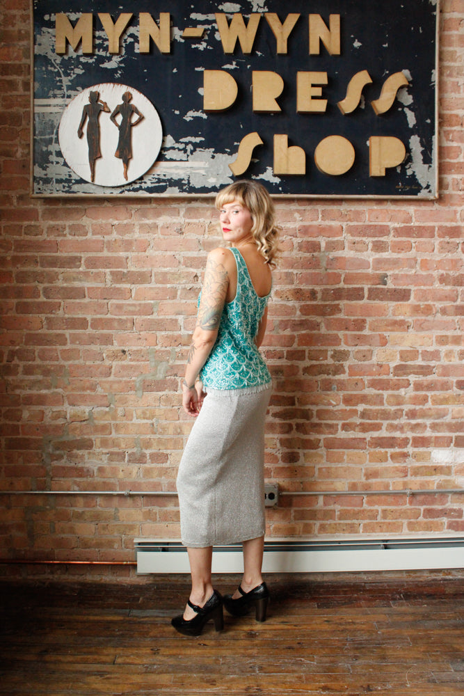 1960s Mermaid Aquamarine Beaded Top - Medium  & 1990s Silver Knit Maxi Skirt - Medium