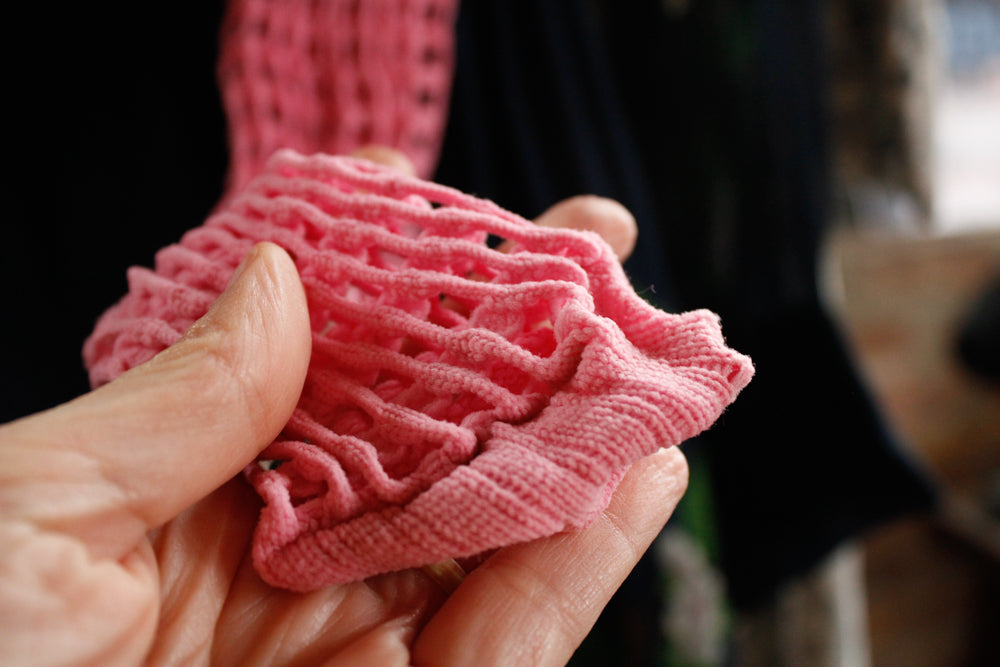 1930s Hand Knit Bright Pink Thigh High Fishnet Stockings