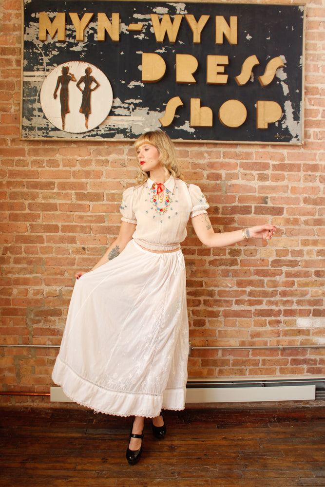 1940s Hungarian Cotton Gauze Floral Embroidered Top - Xsmall  & 1900s Cotton Embroidered & Lace Skirt - Fits Small to XL 