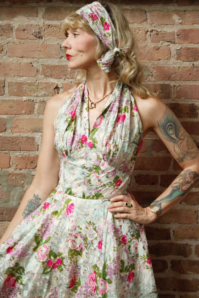 1950s Silk Floral Halter Dress & Scarf - Xsmall