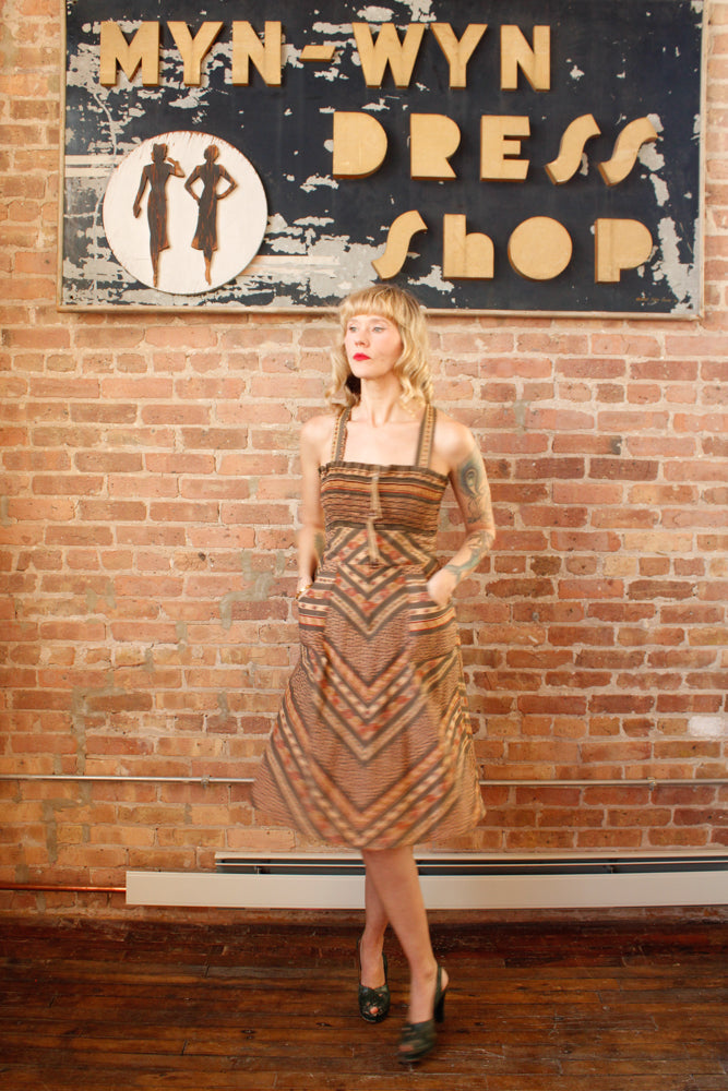 1970s Floral Chevron Day Dress - Medium