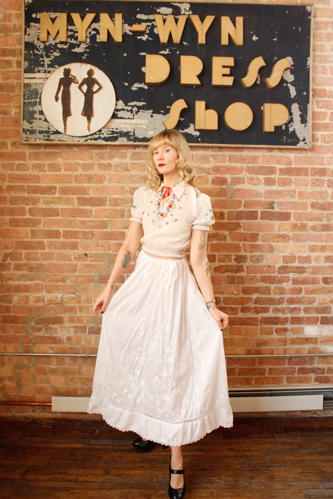 1940s Hungarian Cotton Gauze Floral Embroidered Top - Xsmall  & 1900s Cotton Embroidered & Lace Skirt - Fits Small to XL 