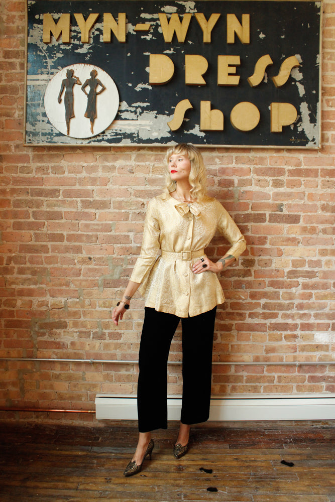 1950s Gold Brocade Swing Jacket w/Belt - Small