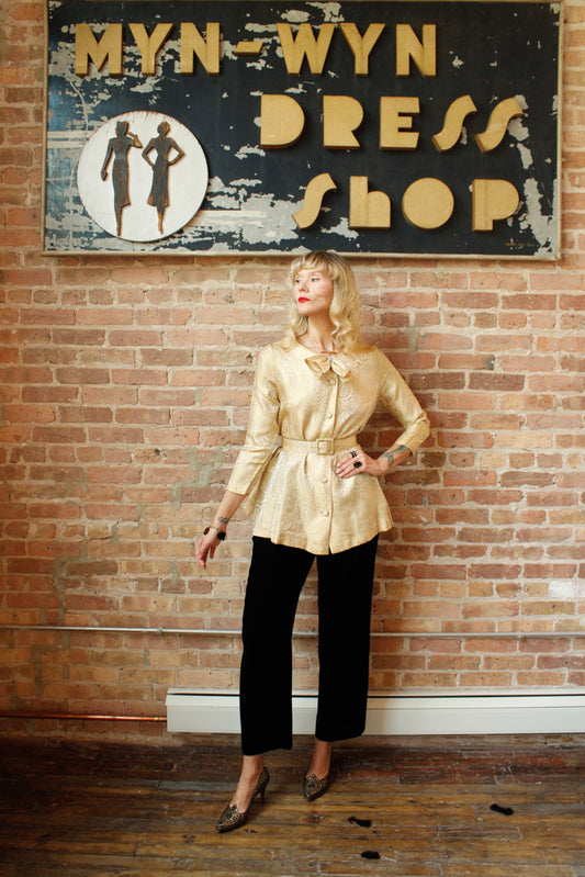 1950s Gold Brocade Swing Jacket w/Belt - Small