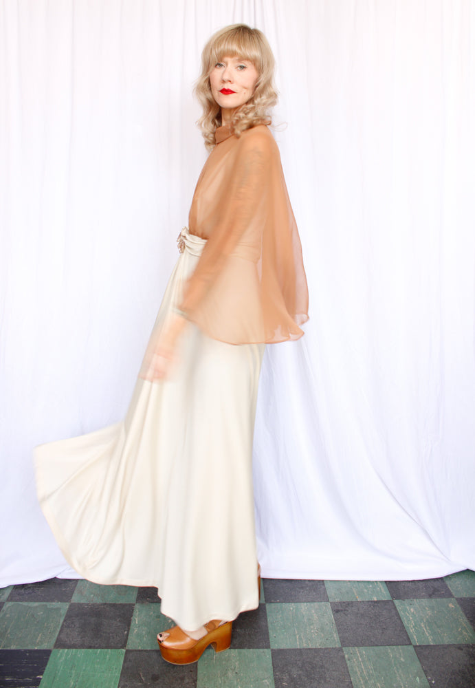 1970s Ivory Jersey Formal Gown - Medium