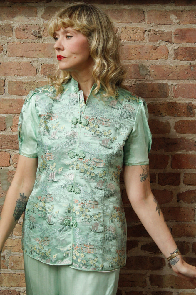 1940s Mint Green Silk Japanese Lounge Pant Suit - Medium