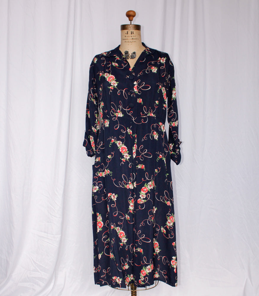 1940s Cold Rayon Floral Dress - Medium