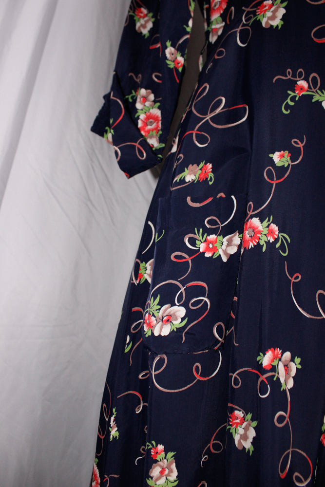 1940s Cold Rayon Floral Dress - Medium