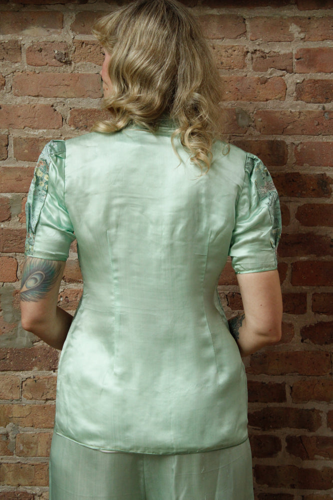 1940s Mint Green Silk Japanese Lounge Pant Suit - Medium