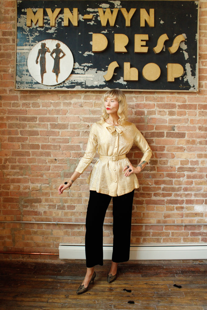 1950s Gold Brocade Swing Jacket w/Belt - Small