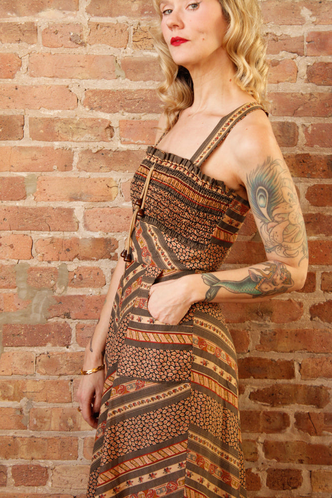 1970s Floral Chevron Day Dress - Medium