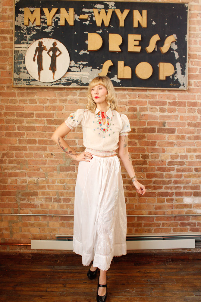 1940s Hungarian Cotton Gauze Floral Embroidered Top - Xsmall  & 1900s Cotton Embroidered & Lace Skirt - Fits Small to XL 