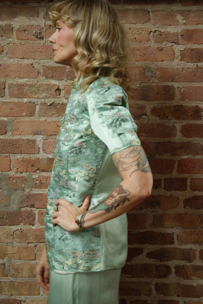 1940s Mint Green Silk Japanese Lounge Pant Suit - Medium