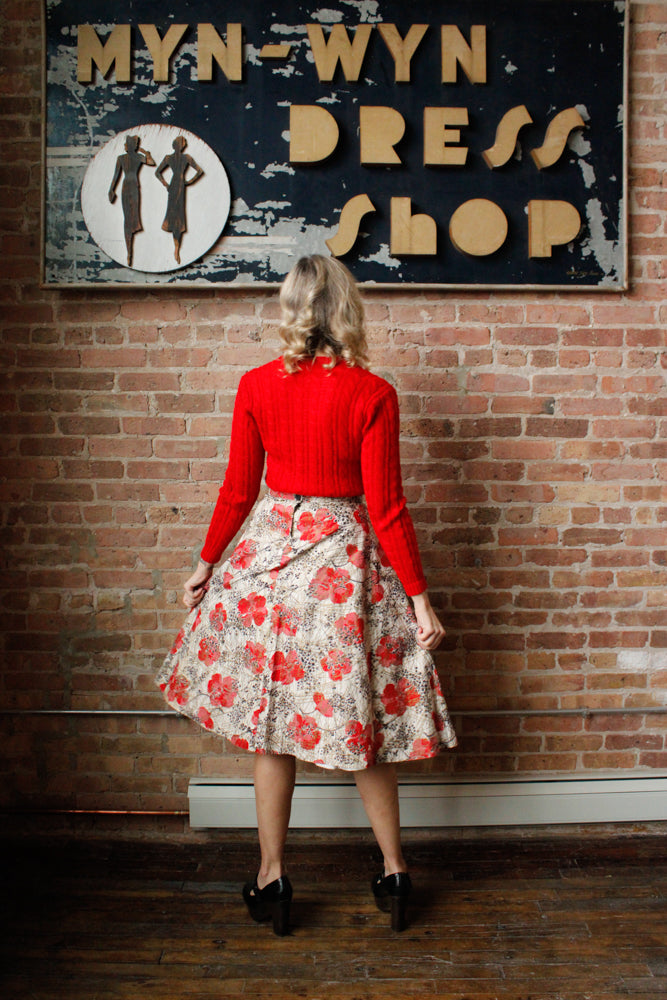 1950s Poppy Print1960s Marshall Fields & Co Red Cardigan - Medium Cotton Skirt - Medium