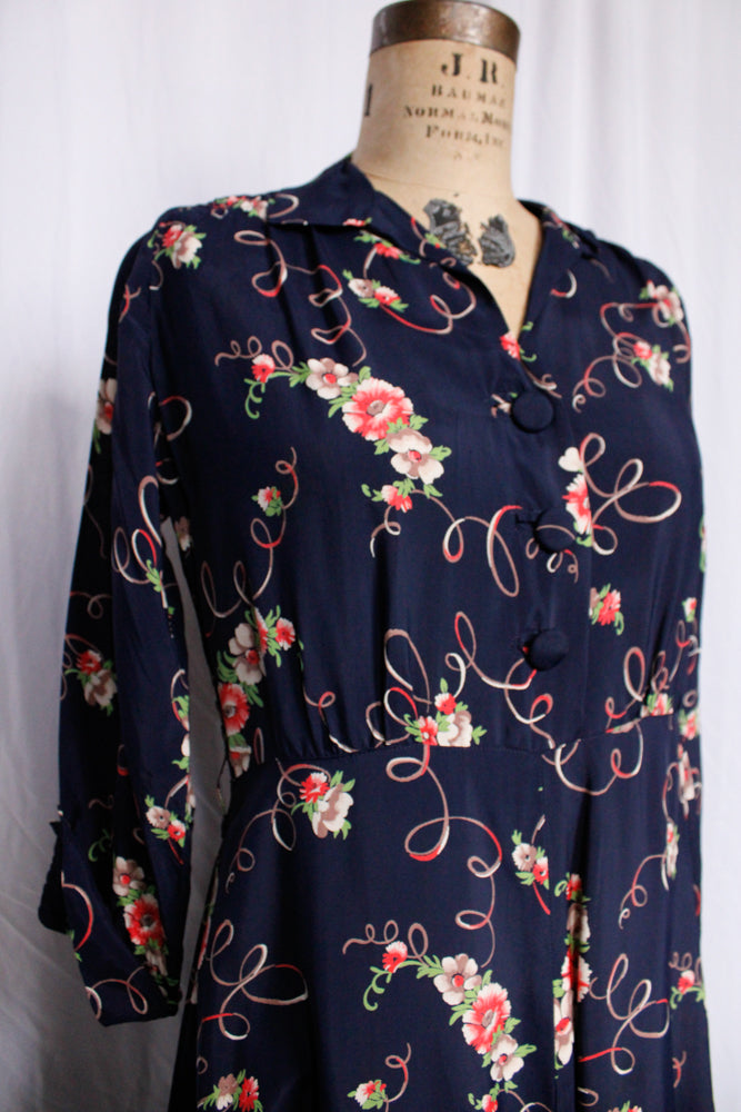 1940s Cold Rayon Floral Dress - Medium