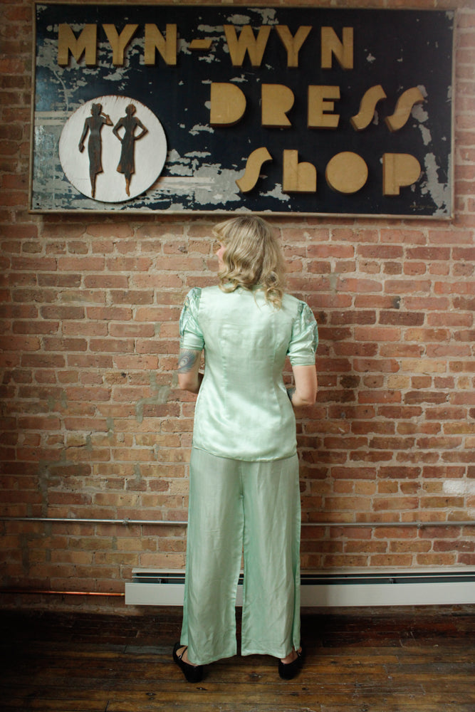 1940s Mint Green Silk Japanese Lounge Pant Suit - Medium
