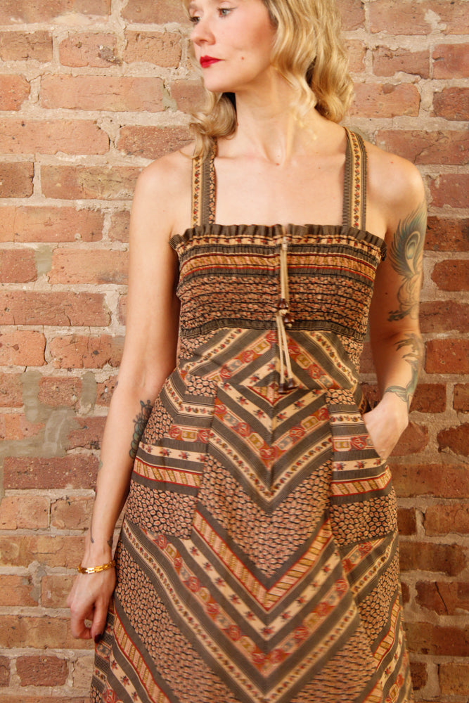 1970s Floral Chevron Day Dress - Medium