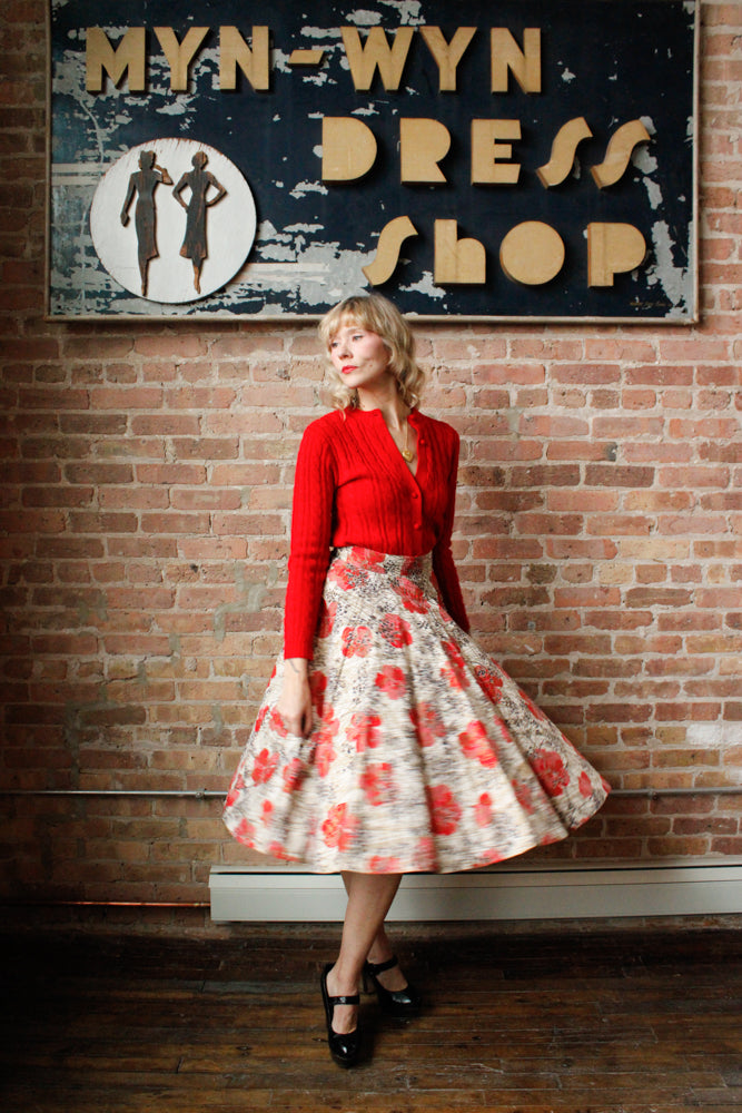1950s Poppy Print Cotton Skirt - Medium