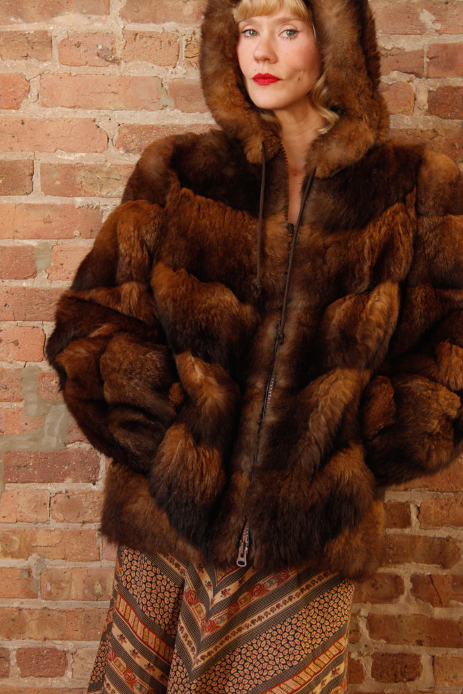 1970s Opossum Layered Fur Hooded Bomber Coat - Large