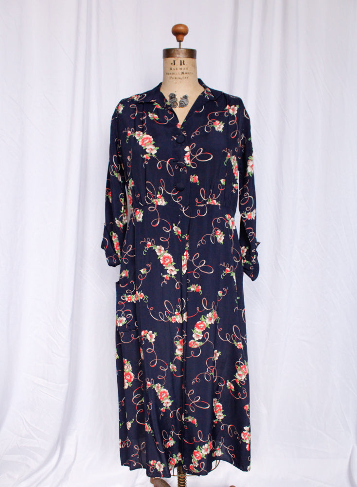 1940s Cold Rayon Floral Dress - Medium