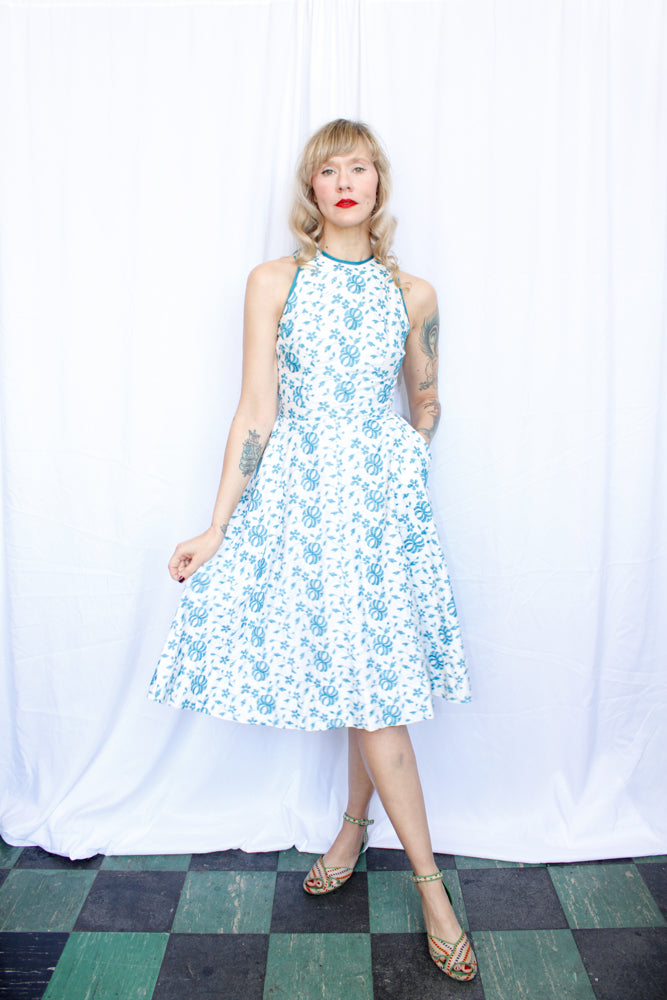 1950s Teal Floral Embroidered Jerry Gilden Dress - Xsmall