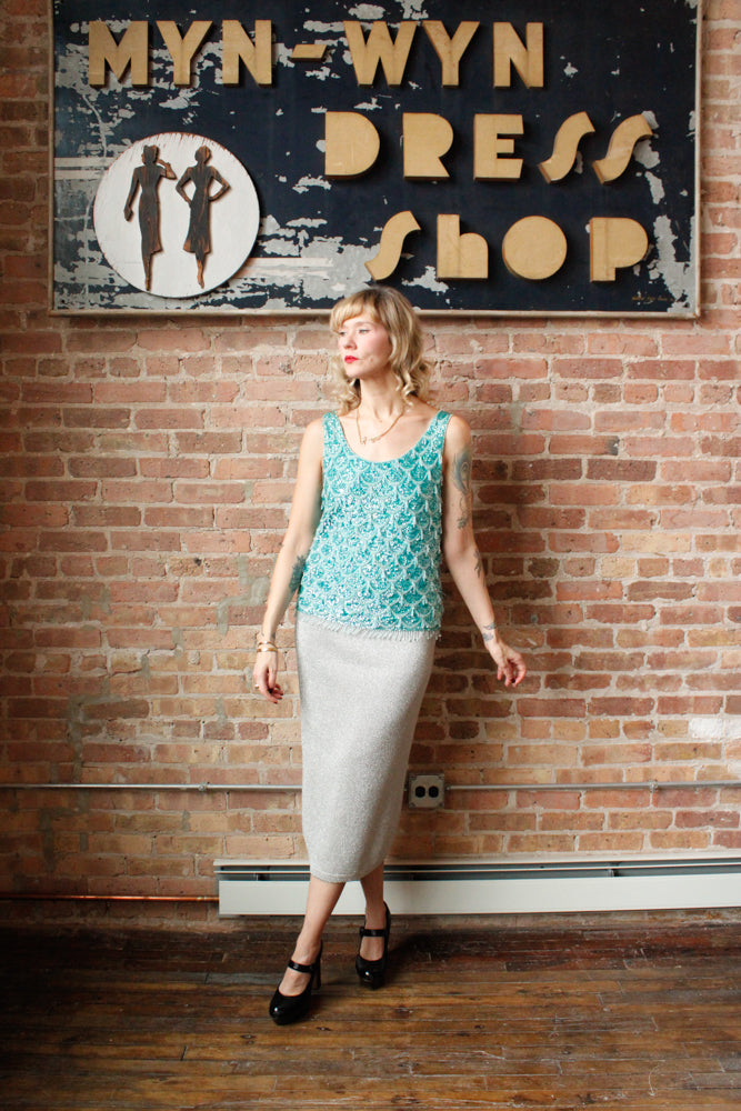 1960s Mermaid Aquamarine Beaded Top - Medium