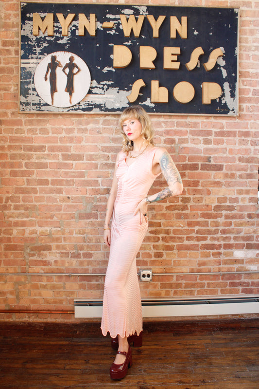 1930s Striped Celanese Bias Cut Night Gown - Xs/S