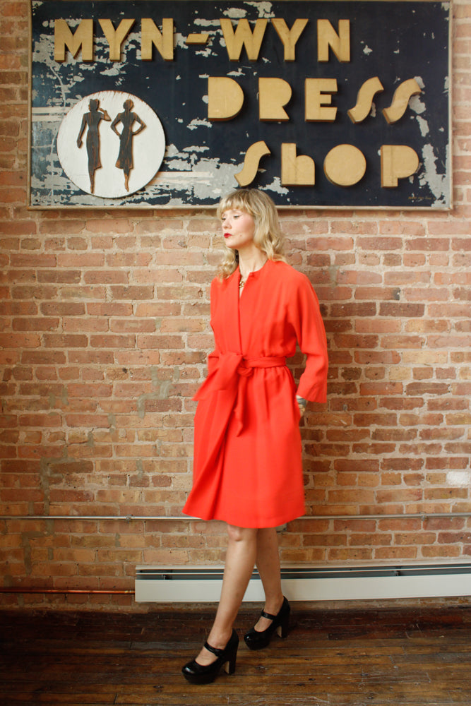 1960s Bright Melon Wool Wrap Dress - Small