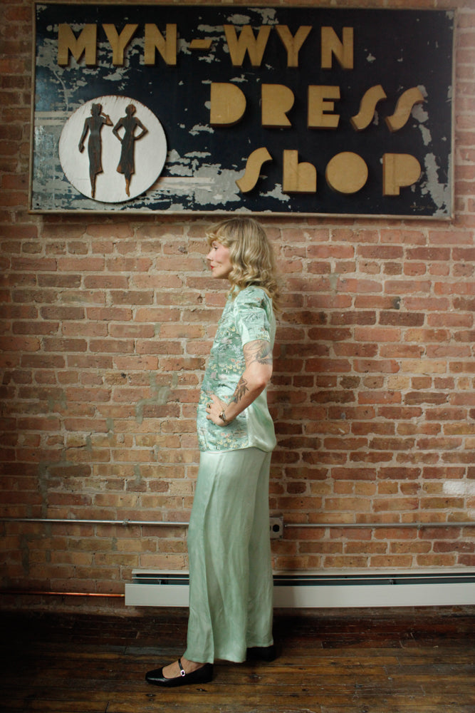 1940s Mint Green Silk Japanese Lounge Pant Suit - Medium