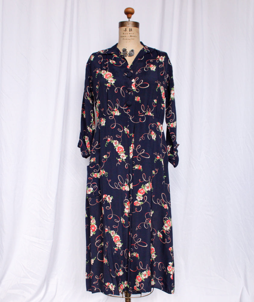 1940s Cold Rayon Floral Dress - Medium