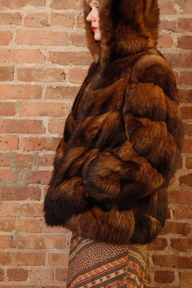 1970s Opossum Layered Fur Hooded Bomber Coat - Large