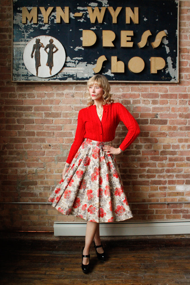 1950s Poppy Print Cotton Skirt - Medium