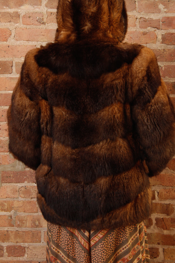 1970s Opossum Layered Fur Hooded Bomber Coat - Large