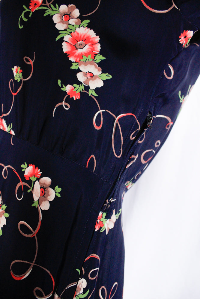 1940s Cold Rayon Floral Dress - Medium