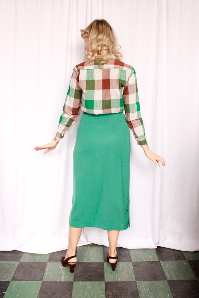 1950s Green & Brown Plaid Cotton Shirt ~ Medium & 1940s Bright Green Gabardine Skirt - 30" waist