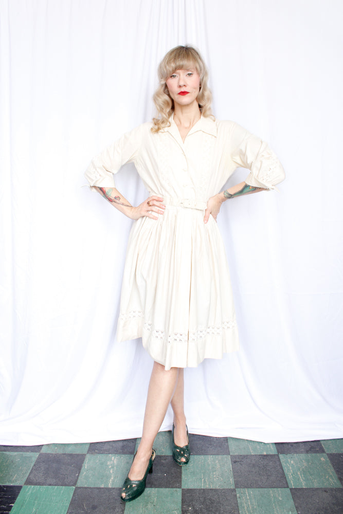 1950s Hope Reed Beige Shirtwaist Dress - Medium