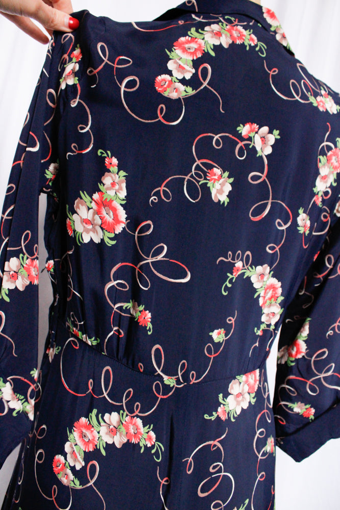 1940s Cold Rayon Floral Dress - Medium