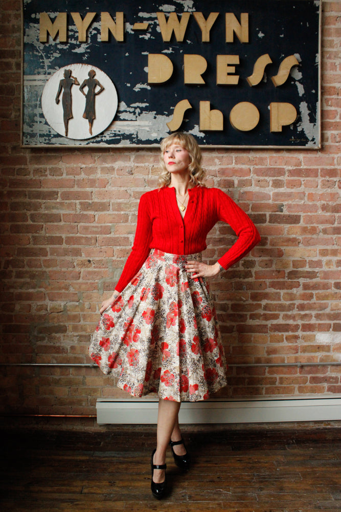 1950s Poppy Print Cotton Skirt - Medium