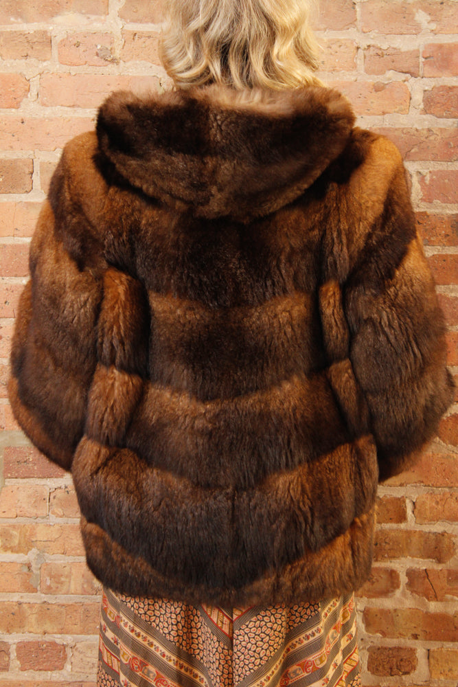 1970s Opossum Layered Fur Hooded Bomber Coat - Large