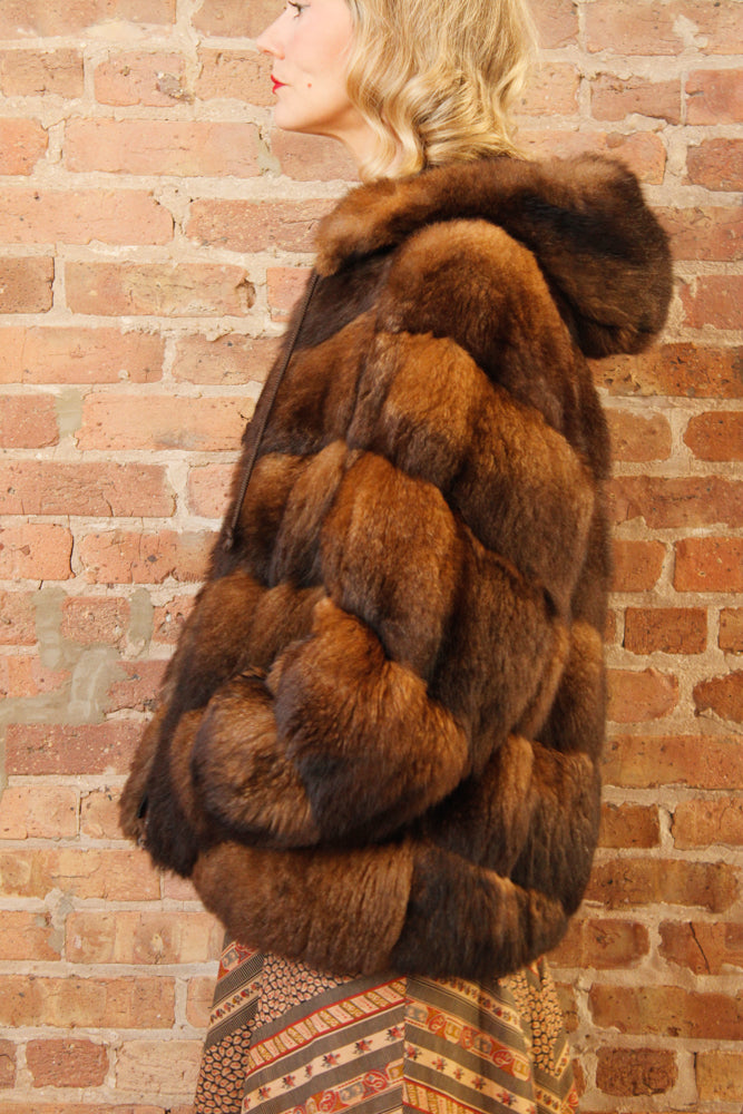 1970s Opossum Layered Fur Hooded Bomber Coat - Large