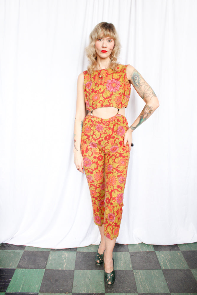 1960s 3pc Bright Floral Twill Pant Set - S/M