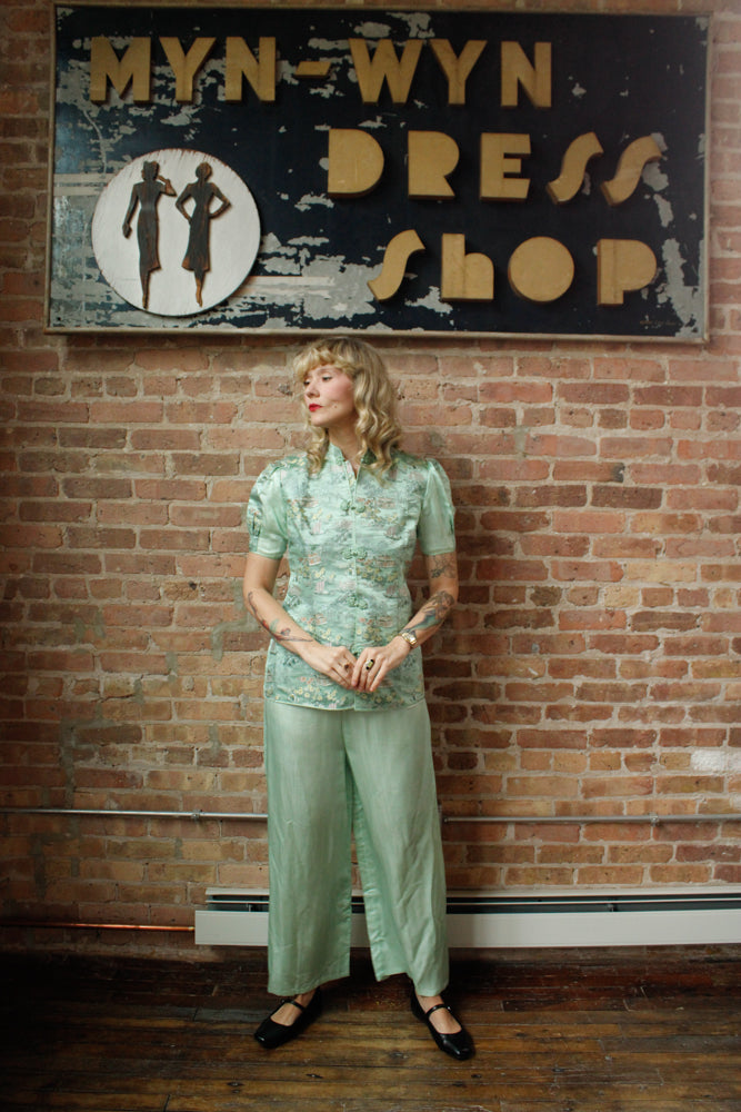1940s Mint Green Silk Japanese Lounge Pant Suit - Medium